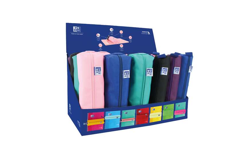 Oxford Kangoo Teens Expositor De 24 Estuches (12 Rectangulares Medianos, 12 Redondos Pequeños) - Goma Elastica Para Unirlo Al Cuaderno - Colores Surtidos