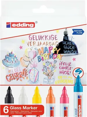 Edding 95 Pack de 6 Rotuladores para Cristal Punta Redonda Trazo 1.5-3mm Colores Blanco Amarillo Negro Naranja Rosa Azul
