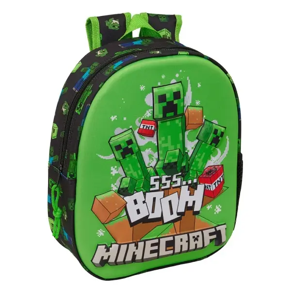 Safta Minecraft Boom Mochila 3D Verde y Negro - Portabotellas y Hombreras Acolchadas - 27x33x10cm