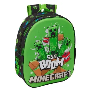 Safta Minecraft Boom Mochila 3D Verde y Negro - Portabotellas y Hombreras Acolchadas - 27x33x10cm