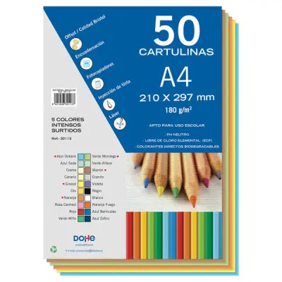 Dohe Pack de 50 Cartulinas A4 180gr PH Neutro Libres de Cloro Colores Surtidos