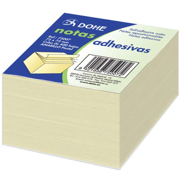 Dohe Cubo De 400 Notas Reposicionables - Tamaño 75X75Mm - Papel De 75Gr - Ideal Para Oficina Y Escuela - Color Amarillo Claro