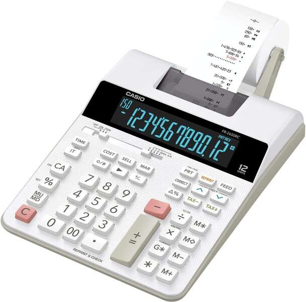 Casio Fr-2650Rc Calculadora Impresora De Sobremesa - Impresión En 2 Colores - Pantalla De 12 Digitos - Función De Reloj Y Calendario - Color Blanco