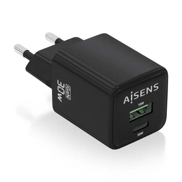 Aisens Cargador Gan Usb-C 30W - Alta Eficiencia Energetica - Tecnologia Ai Para Carga Rapida - Multiples Protecciones De Seguridad - Compatible Con Usb-C Y Usb-A - Carga Simultanea De 2 Dispostivos