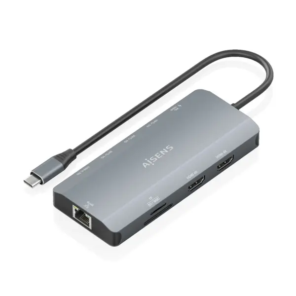 Aisens Dock USB-C 12 en 1 con 2xHDMI, RJ45, 3xUSB-A, USB-C PD 100W, SD y MicroSD - Gris