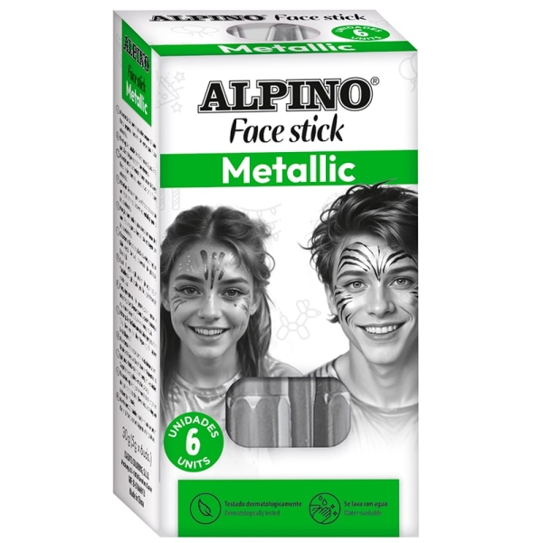 Alpino Fiesta Face Stick Pack Con 6 Barritas De Pintura Facial - Sistema Retractil Giratorio - Se Lava Con Agua - Testado Dermatologicamente - Color Plata