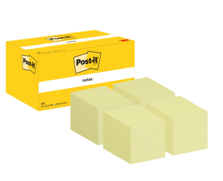 Post-It Pack De 12 Blocs De 100 Notas Adhesivas Reposicionables 38X51Mm - Forma Rectangular - Color Amarillo Claro