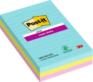 Post-it Super Sticky Pack de 3 Blocs de 90 Notas Adhesivas Reposicionables 101x152mm Colores Surtidos