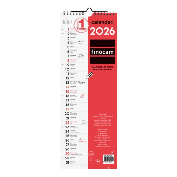 Finocam Calendario De Pared En Catalan - Anual 2026 - 155X5X440Mm - Espacio Para Escribir - Color Blanco Y Rojo