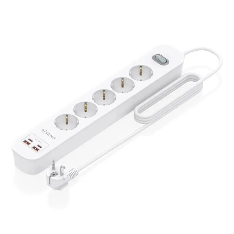 Aisens Regleta 5 Tomas Schuko con 2xUSB-C y 2xUSB-A, 1.4m, Interruptor LED, Power Delivery, Qualcomm 3.0, Blanco