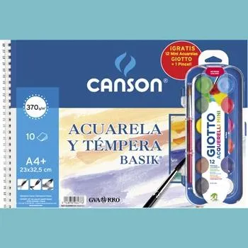 Canson Bloc Acuarela Y Témpera Basik Espiral 10 Hojas + 12 Acuerlas Mini + Pincel Gratis 370Gr 23X32,5Cm Unitario
