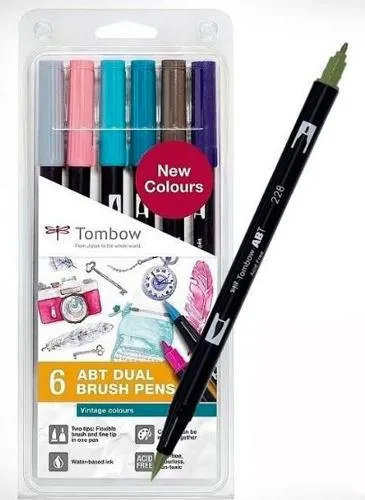 Tombow Abt Dual Brush Rotuladores Doble Punta Fina/Pincel C/Surtidos Vintage Estuche 6 Ud