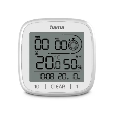 Hama Reloj Digital con Ventosa, Termómetro, Higrómetro, IPX4, Cuenta Atrás, Blanco, 11x11x4.5cm