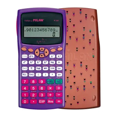 Milan M240 Calculadora Científica 10+2 Dígitos, Pantalla de 2 Líneas, 240 Funciones, Carcasa Protectora Violeta/Blanco/Rosa