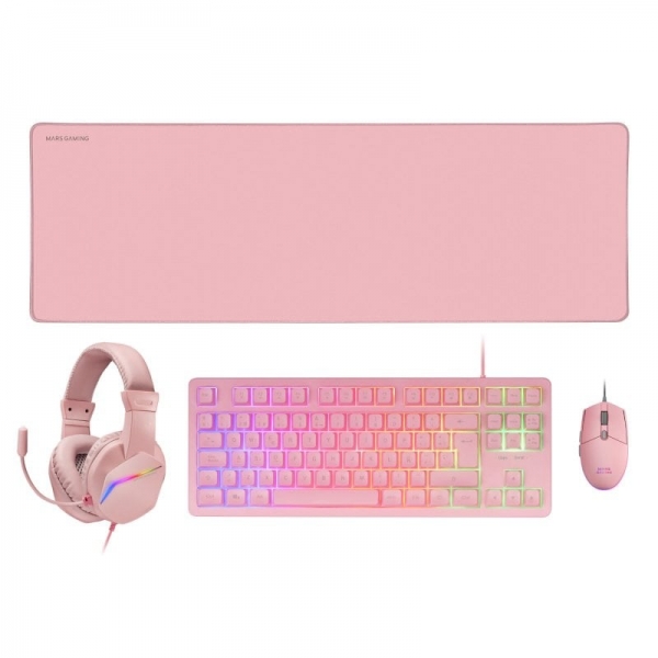 Mars Gaming Mcp-Rgb3 Combo Gaming 4En1 - Teclado Tkl H-Mech Red - Raton Rgb 3200 Dpi - Auriculares Frgb - Alfombrilla Xxl Antideslizante - Color Rosa