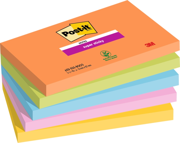 Post-It Super Sticky Pack De 5 Blocs De 90 Notas Adhesivas Reposicionables - Forma Rectangular - 127X76Mm - Colores Surtidos