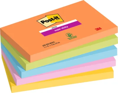 Post-it Super Sticky Pack de 5 Blocs de 90 Notas Adhesivas Reposicionables 127x76mm Colores Surtidos