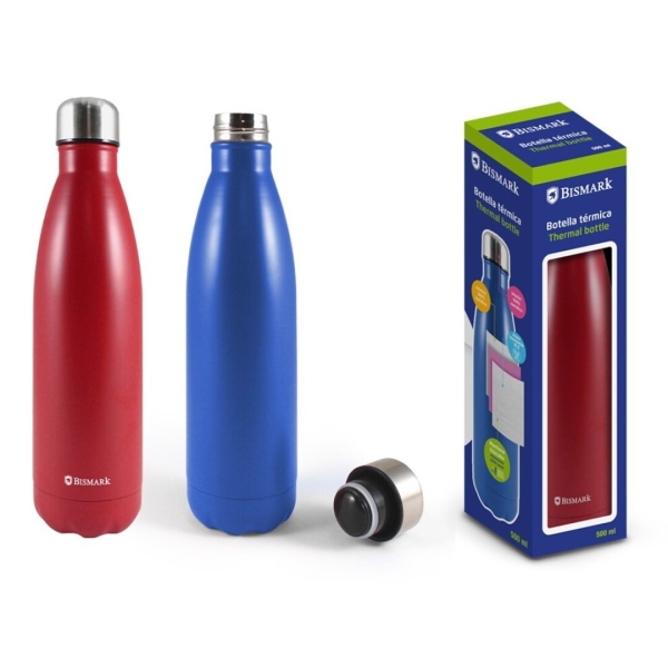 Bismark Botella Termica 500Ml - Aislamiento De Vacio De Doble Pared - Tapon Hermetico - Colores Rojo Y Azul