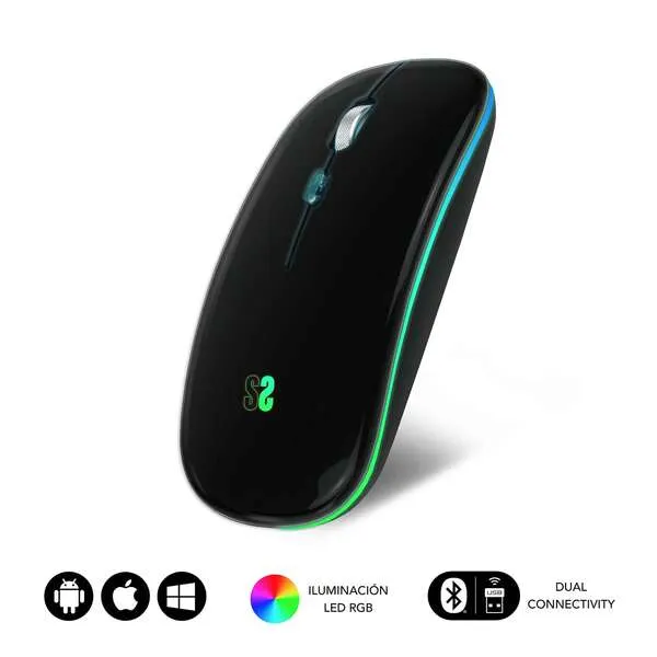 Subblim Raton Led Dual Flat - Conectividad Dual - Tecnologia Silent Click - Iluminacion Led En 7 Colores - Color Negro
