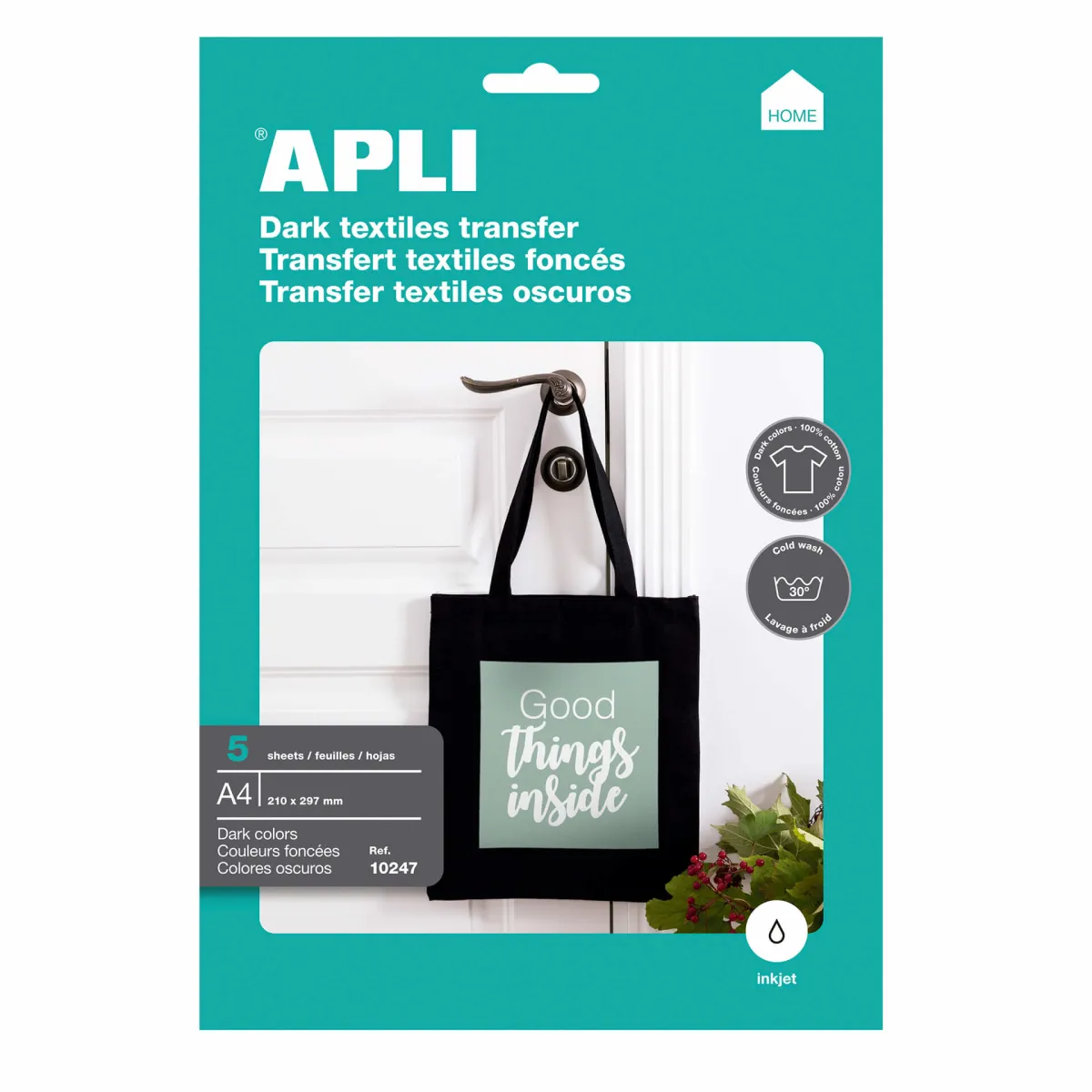 Apli Pack de 5 Hojas de Papel Transfer para Impresoras Inkjet para Ropa de Color