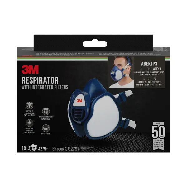 3M Mascarilla De Media Cara - Filtros Integrados - Proteccion Combinada - Reutilizable - Color Azul/Blanco