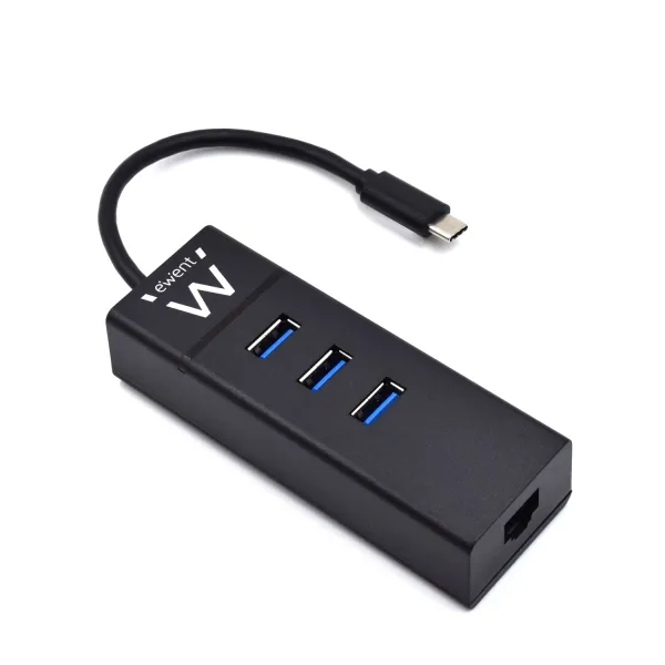 Ewent Hub Usb-C 4 En 1 - 3X Usb-A - 1X Rj45 - Hasta 1000Mbps - Cable De 15Cm - Color Negro