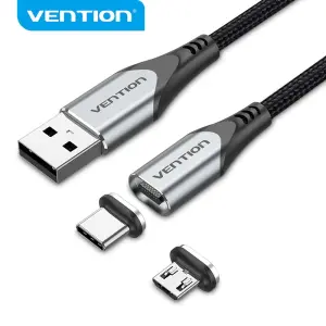 Vention Cable USB-A 2.0 a Micro-B y USB-C Magnético con Conectores Intercambiables 480 Mb/s - Gris