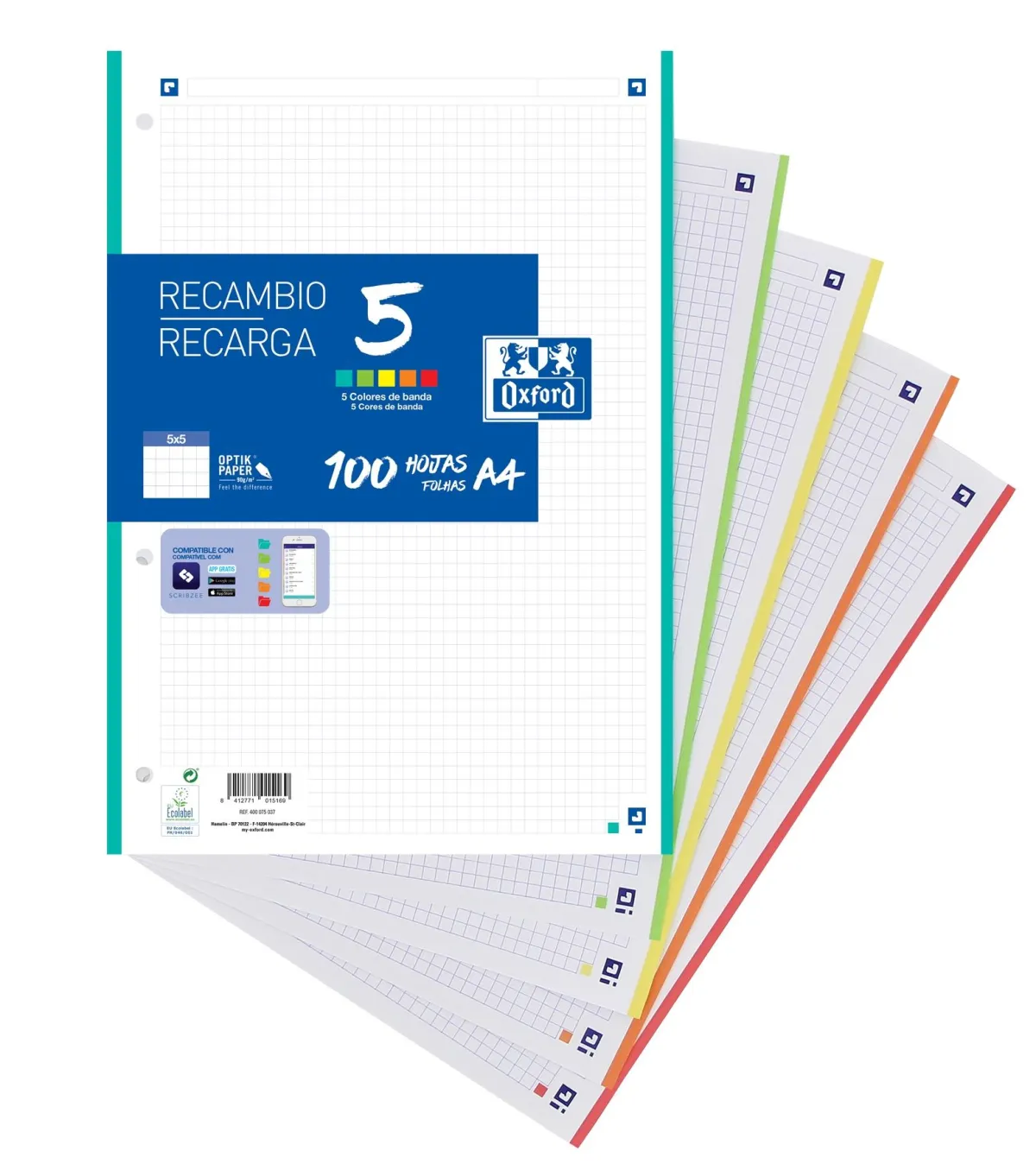 Oxford Recambio Classic 100H + 20H Gratis A4 Sueltas 90Gr 5X5Mm 4 Taladros 5 Bandas Colores Vivos