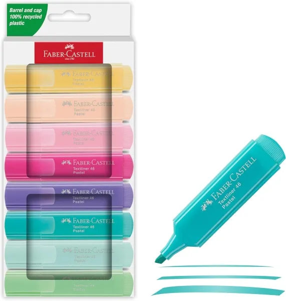 Faber-Castell Textliner 46 Pastel Pack De 8 Marcadores Fluorescentes - Punta Biselada - Trazo Entre 1Mm Y 5Mm - Tinta Con Base De Agua - Colores Surtidos