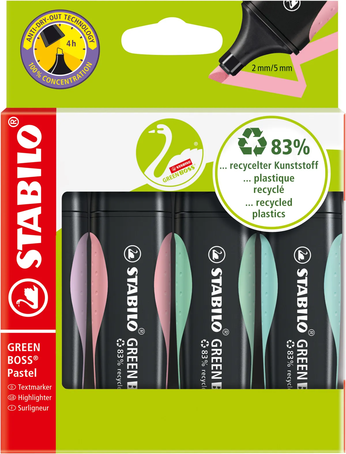 Stabilo Green Boss Pastel Pack de 4 Marcadores Fluorescentes Reciclados 83% 2-5mm