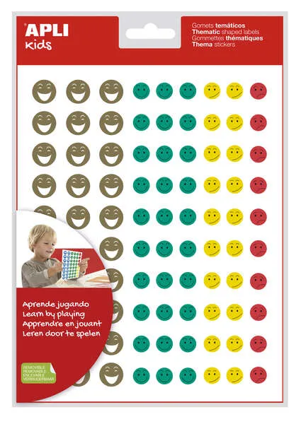 Apli Gomets Cara Feliz Mini - 4 Estilos De Cara Diferentes - 1080 Gomets Por Bolsa - Adhesivo Removible - Motiva Y Premia A Los Niños - Normas De Calidad Y Seguridad Cumplidas - Colorido