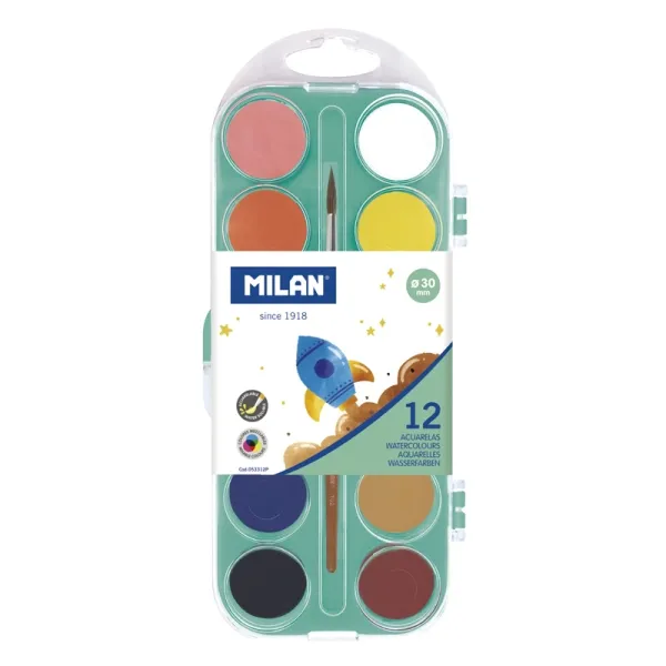 Milan Paleta de 12 Acuarelas Opacas de 30mm con Estuche y Pincel