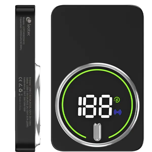 Leotec Powerbank Inalámbrico 10.000 mAh - PD 20W - Qi 15W - Negro