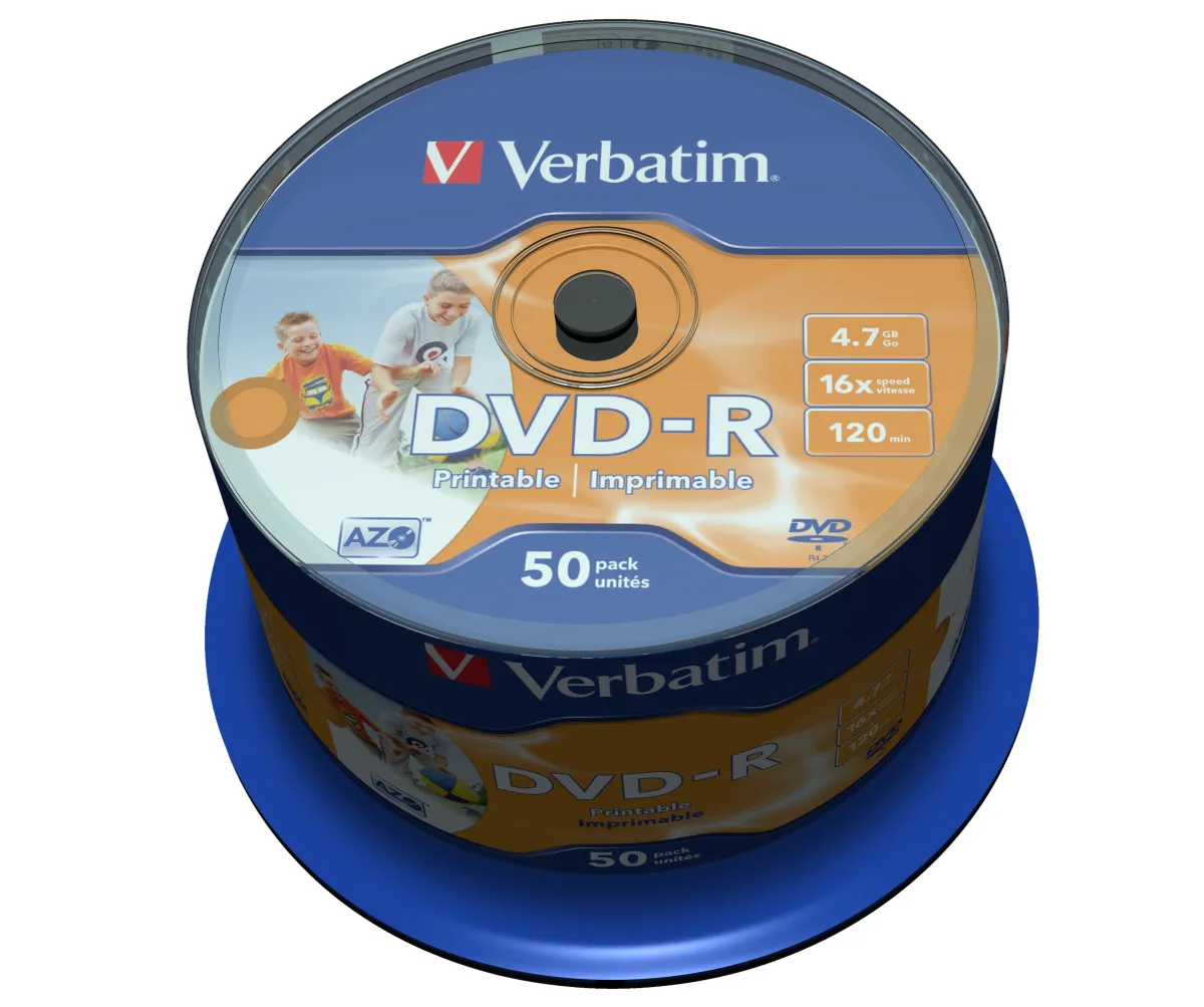 VERBATIM DVD-R, 4.7GB, 16X, 50 PACK SPINDLE, SUPERFICIE WIDE INKJET PRINTABLE (21 -118MM)