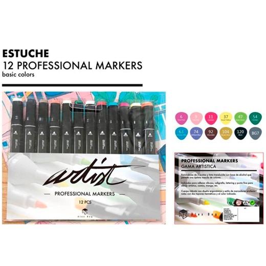 Alex Bog Rotuladores Gama Artist Doble Punta Fina/Biselada C/Surtidos Básicos Estuche 12 Ud