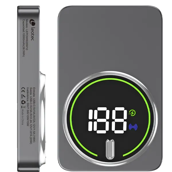 Leotec Powerbank Inalámbrico 10.000 mAh - PD 20W - Qi 15W - Gris