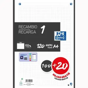 Oxford Recambio Classic 120 Hojas A4 Sueltas 90g 5x5mm 4 Taladros Banda Negra