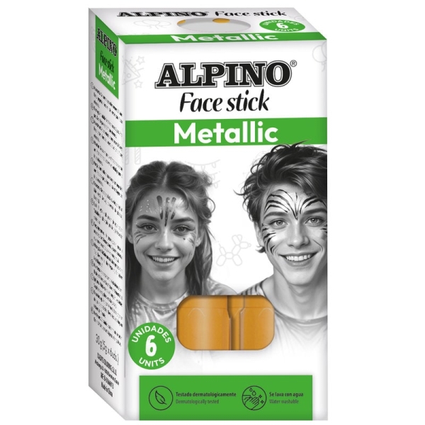 Alpino Fiesta Face Stick Pack Con 6 Barritas De Pintura Facial - Sistema Retractil Giratorio - Se Lava Con Agua - Testado Dermatologicamente - Color Oro