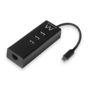 Ewent Hub USB-C 4 en 1 con 3x USB-A y 1x RJ45 hasta 1000Mbps, 15cm, Negro