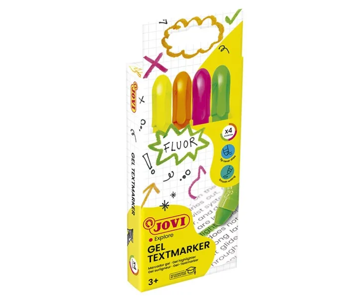 Jovi Gel Textmarker Pack Con 4 Marcadores De Texto Fluorescentes - Gel En Seco - No Traspasan - Secado Rapido - Aptos Para Luz Negra - Colores Surtidos