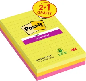 Post-it Super Sticky Pack de 3 Blocs de 75 Notas Adhesivas Reposicionables 101x152mm Colores Surtidos