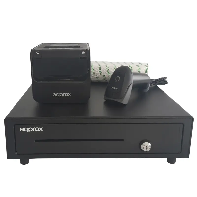Approx Kit TPV Cajón APPCASH01 Negro, Escáner APPLS22, Impresora POS80AM-USB
