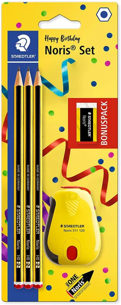 Staedtler Noris 120 Pack de 3 Lápices de Grafito Hexagonales HB 2mm con Goma y Sacapuntas