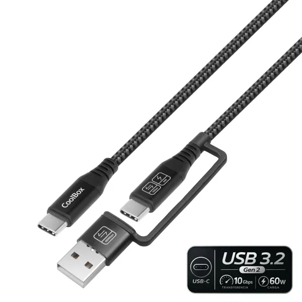 Coolbox Cable USB-C a USB-C 1.8M 60W Trenzado Adaptador USB-A