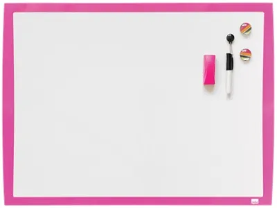 Nobo Pizarra Blanca Magnética 585x430mm con Mini Rotulador, Imanes y Borrador Fucsia