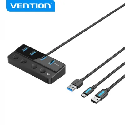 Vention HUB 4 en 1 USB 3.0 a 4xUSB/USB-C PD con Cable de Carga USB Macho - Negro