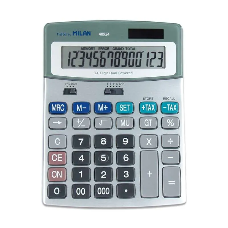Milan Calculadoras De 14 Digitos - 3 Teclas De Memoria - Funcion Impuestos - Calculo De Margenes - Color Gris