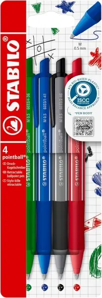 Stabilo Pointball Colorful Pack De 4 Boligrafos Retractiles - Trazo 0.5Mm - Hechos Con 87% Bioplastico - Grip Antideslizante - Recargables - Colores Surtidos