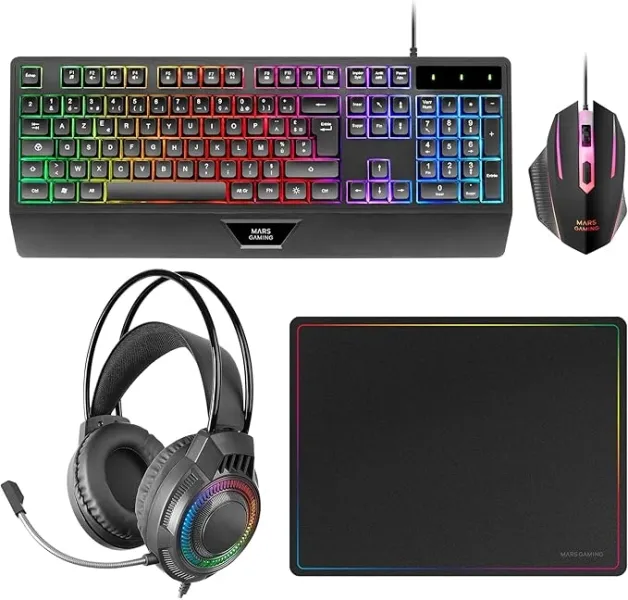 Mars Gaming Mcp124Pro Combo Pack Gaming 4En1 - Teclado Hibrido H-Mech - Disposicion Portuguesa Qwerty Pt - Raton 3200Dpi - Alfombrilla Nanotextil - Color Negro