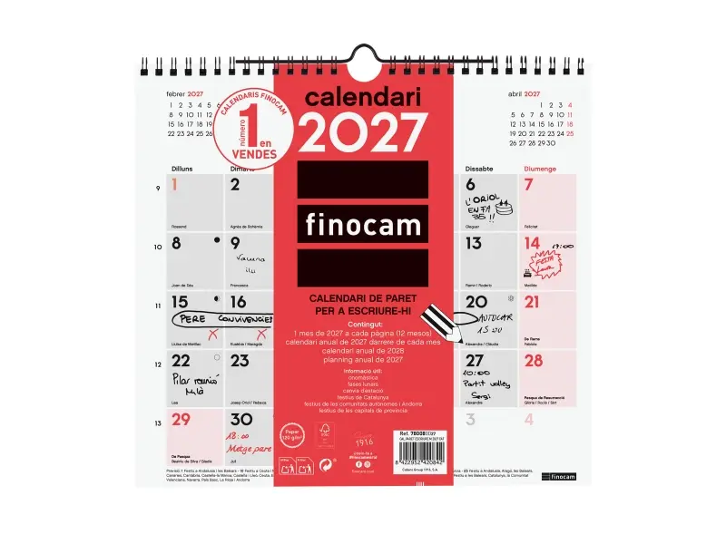 Finocam Calendario de Pared Anual 2027 en Catalán - Formato M - 265x245mm - Espiral Doble - Papel 120g/m2 - Rojo y Blanco